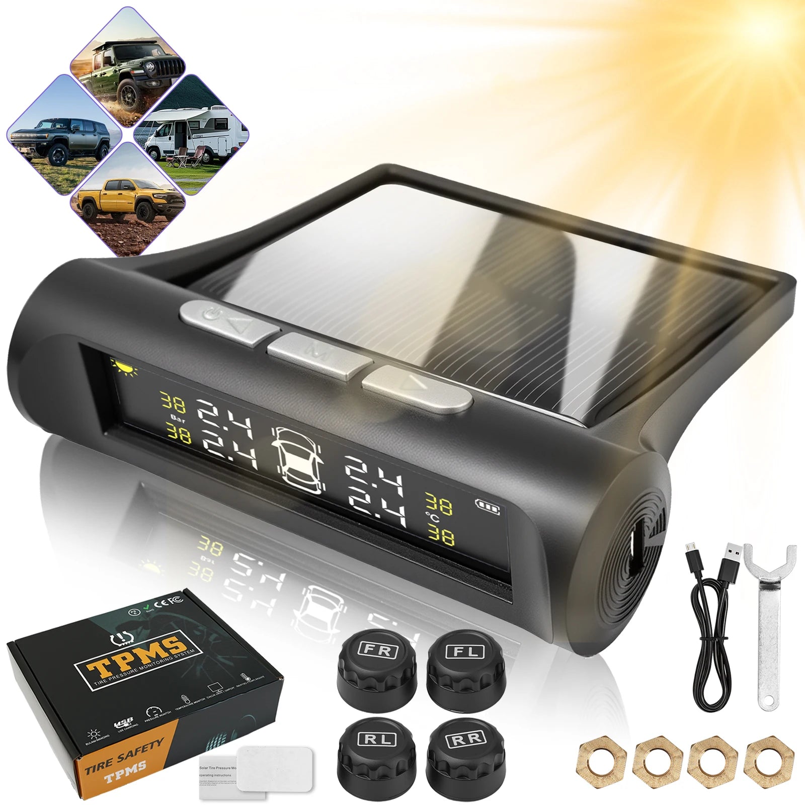 Electronic Clock Car TPMS 4 Wheel Tire Tyre Pressure Monitoring System Solar Power USB Charge TPMS Auto Security Alarm Device